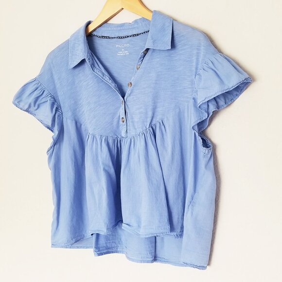 Anthropologie Pilcro Flutter-Sleeve Babydoll Top Wedgewood Blue Cotton $70 India - Picture 3 of 14